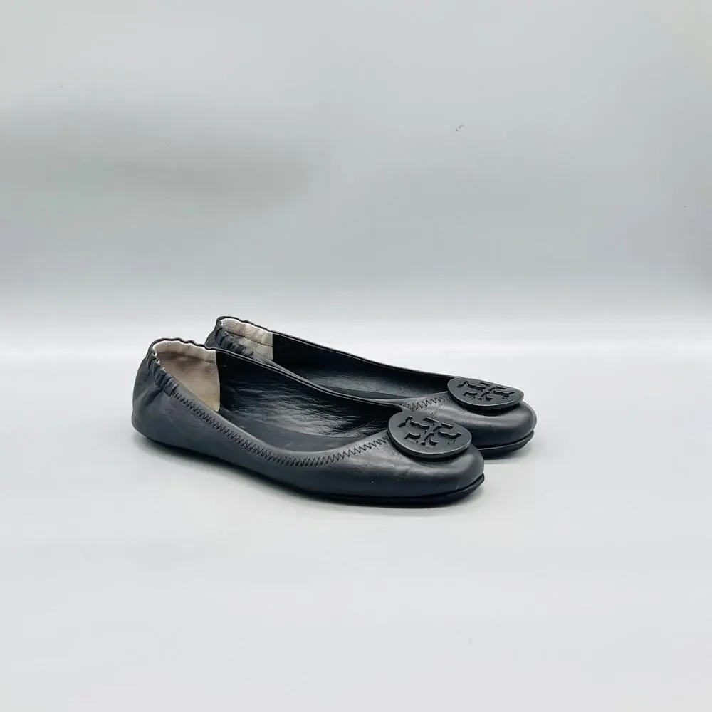 Tory Burch Shoes Womens 6.5 Black Leather Logo Ballet Flats Slip On Comfort
